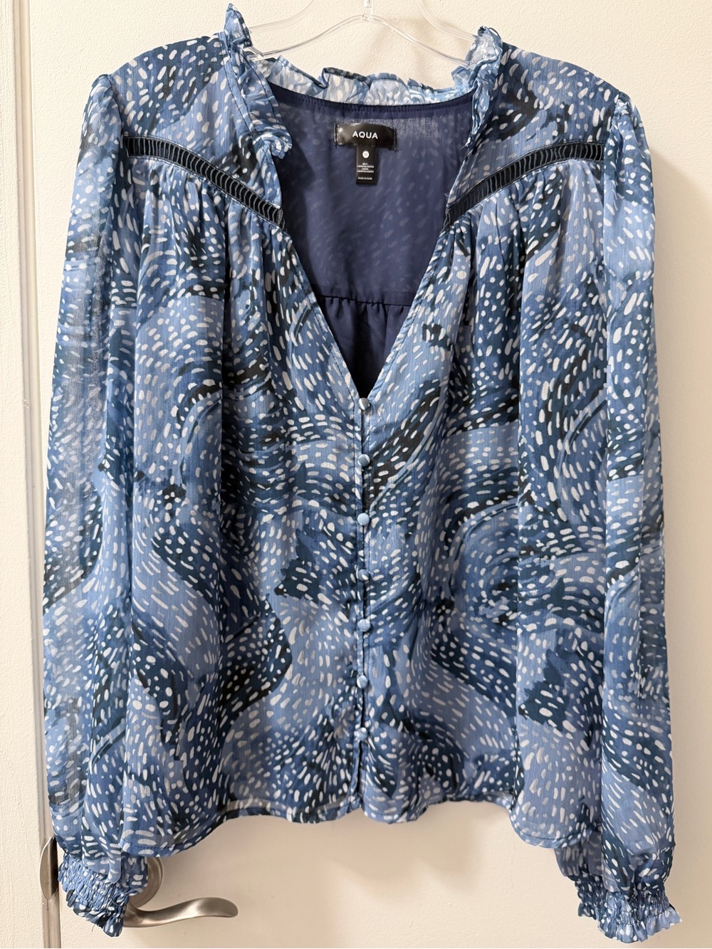 Aqua Blue Printed Button-Front V-Neck Blouse